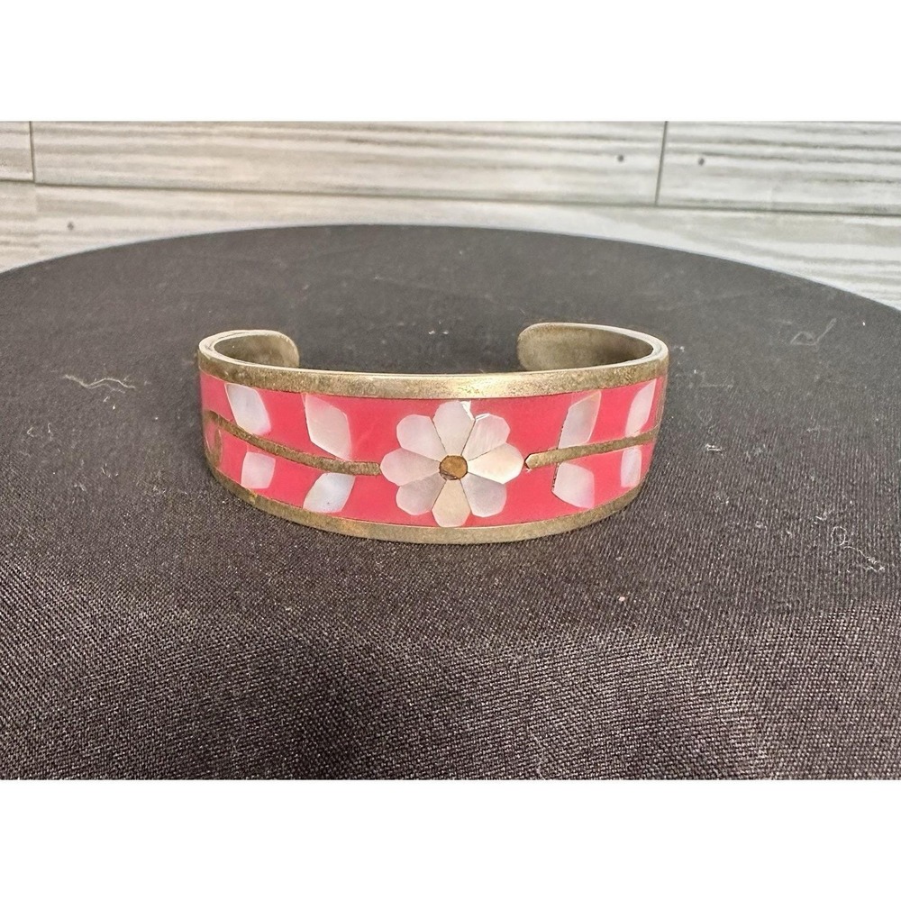 Vintage Mexico SILVER Pink Abalone Mother Of Pearl Inlay Cuff Bracelet
